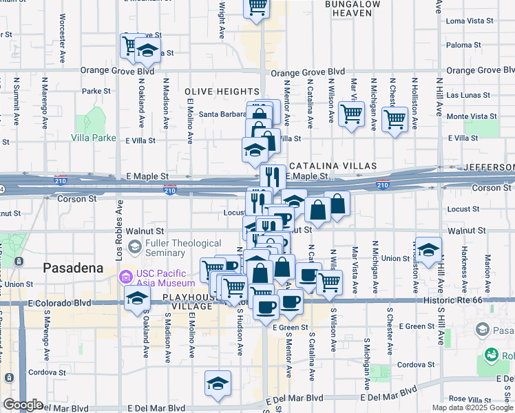map of restaurants, bars, coffee shops, grocery stores, and more near 301 North Lake Avenue in Pasadena