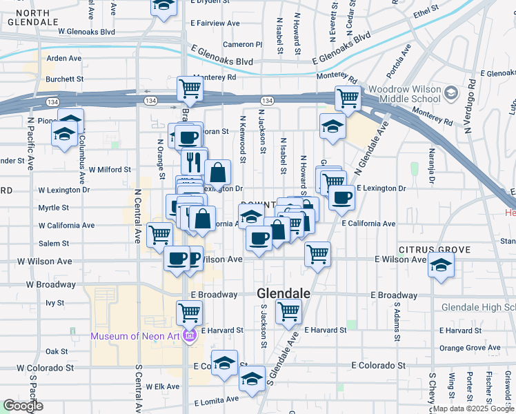 map of restaurants, bars, coffee shops, grocery stores, and more near 323 North Jackson Street in Glendale