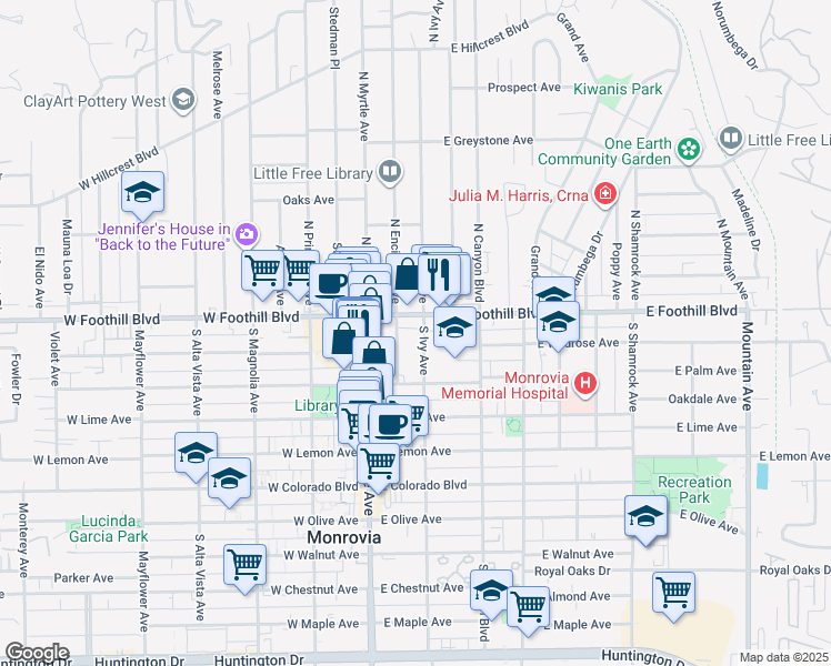 map of restaurants, bars, coffee shops, grocery stores, and more near 117 South Ivy Avenue in Monrovia