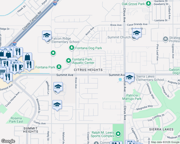 map of restaurants, bars, coffee shops, grocery stores, and more near 15865 Nuaimi Lane in Fontana