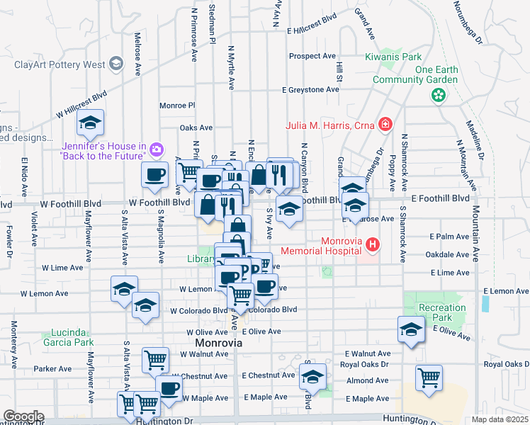 map of restaurants, bars, coffee shops, grocery stores, and more near 117 South Ivy Avenue in Monrovia