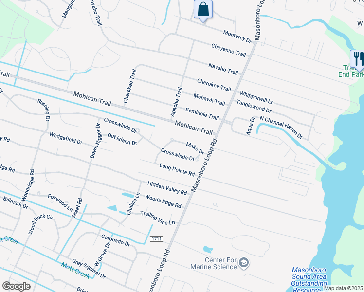 map of restaurants, bars, coffee shops, grocery stores, and more near 5120 Mako Drive in Wilmington