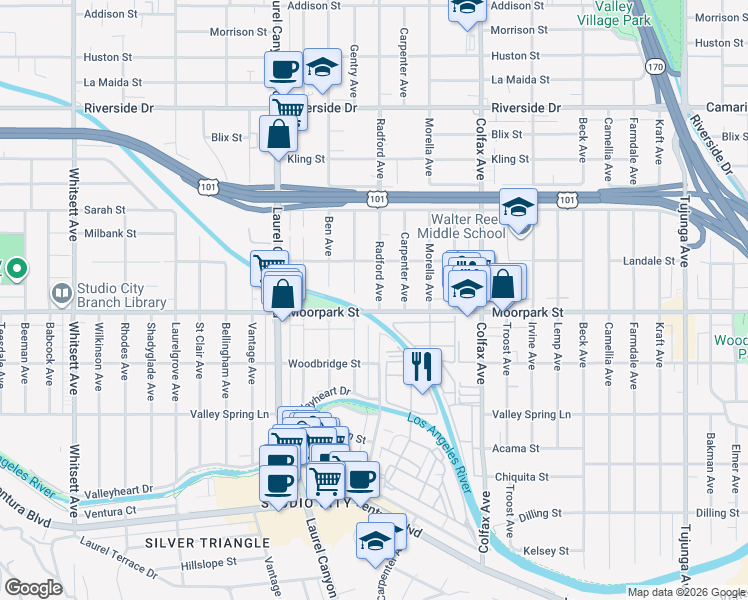 map of restaurants, bars, coffee shops, grocery stores, and more near 4411 Radford Avenue in Los Angeles