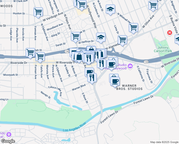 map of restaurants, bars, coffee shops, grocery stores, and more near 125 North Maple Street in Burbank