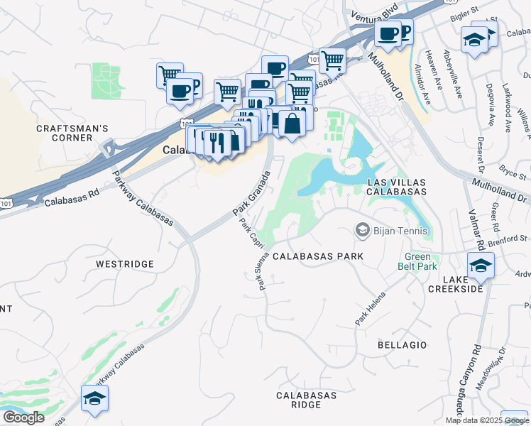 map of restaurants, bars, coffee shops, grocery stores, and more near 23637 Park Capri in Calabasas