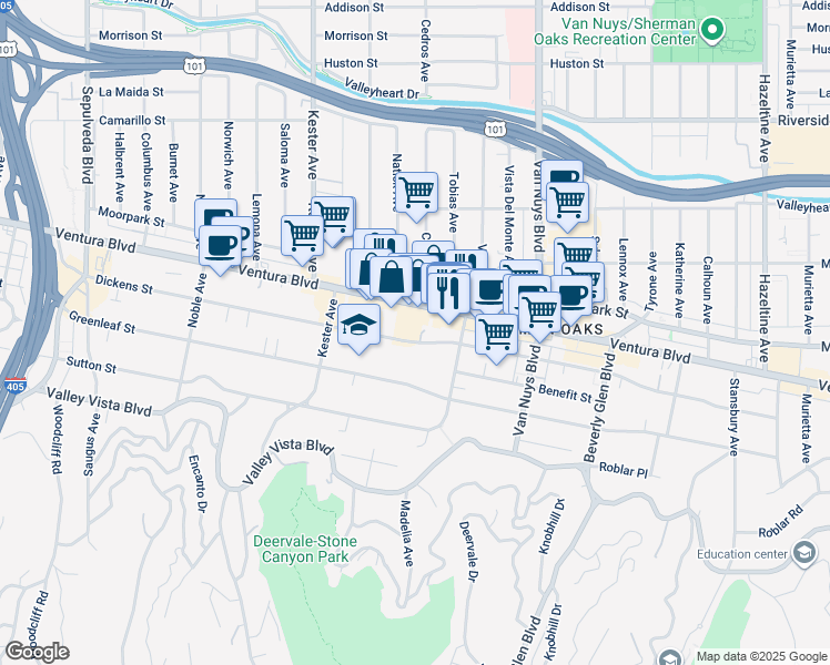 map of restaurants, bars, coffee shops, grocery stores, and more near 14647 Dickens Street in Los Angeles