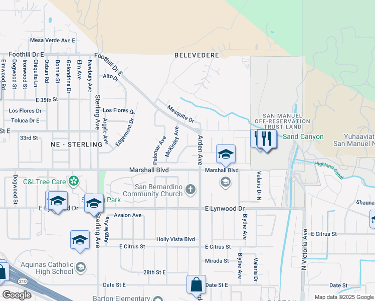 map of restaurants, bars, coffee shops, grocery stores, and more near 5681 Dumbarton Avenue in San Bernardino