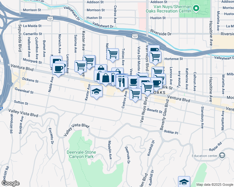 map of restaurants, bars, coffee shops, grocery stores, and more near 14631 Dickens Street in Los Angeles