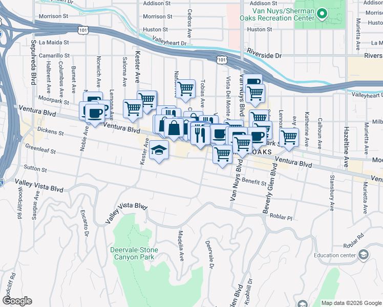 map of restaurants, bars, coffee shops, grocery stores, and more near 14631 Dickens Street in Los Angeles