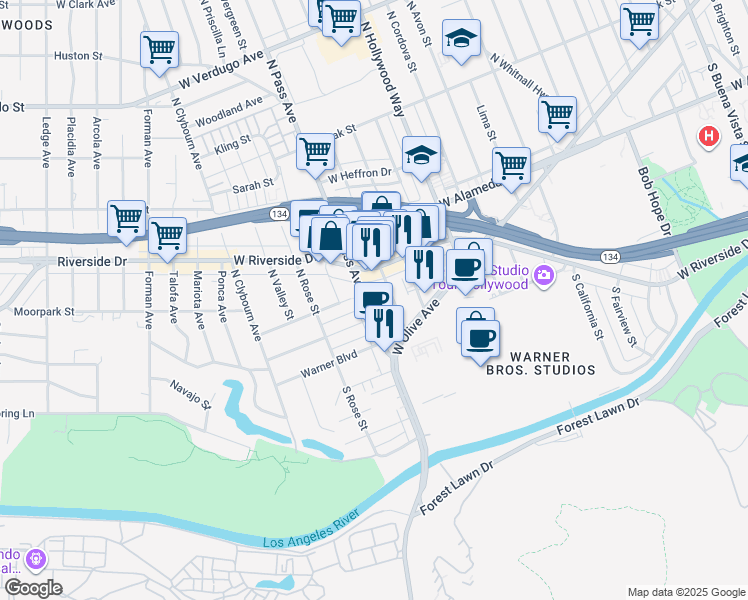 map of restaurants, bars, coffee shops, grocery stores, and more near 140 North Pass Avenue in Burbank
