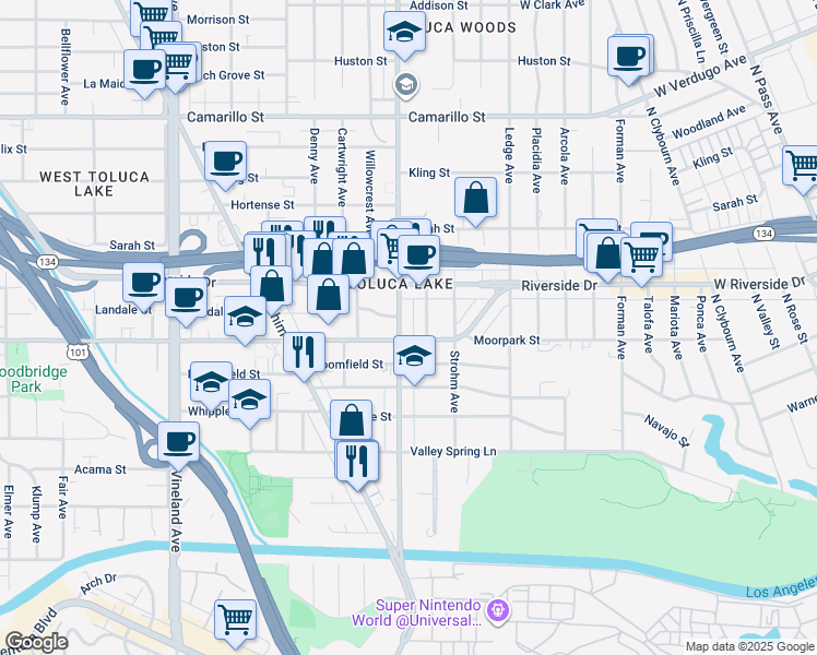 map of restaurants, bars, coffee shops, grocery stores, and more near 4406 Cahuenga Boulevard in Los Angeles