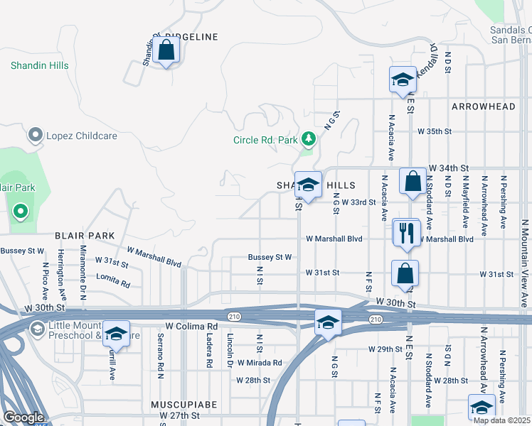 map of restaurants, bars, coffee shops, grocery stores, and more near North Campus Avenue in San Bernardino County