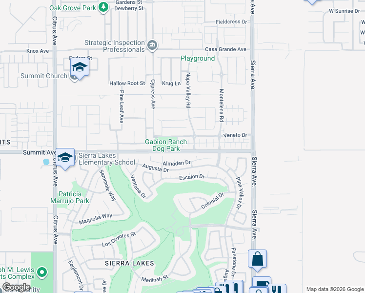 map of restaurants, bars, coffee shops, grocery stores, and more near 5724 Contenta Court in Fontana