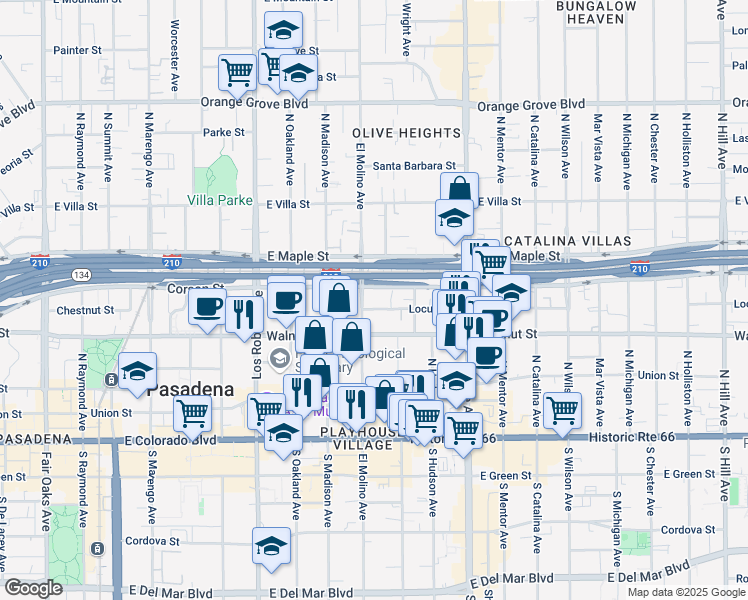 map of restaurants, bars, coffee shops, grocery stores, and more near 300 North El Molino Avenue in Pasadena
