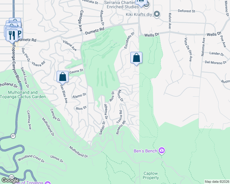 map of restaurants, bars, coffee shops, grocery stores, and more near 21012 Rios Street in Los Angeles