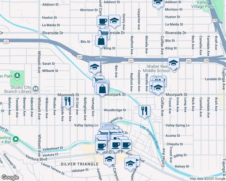 map of restaurants, bars, coffee shops, grocery stores, and more near 4411 Ben Avenue in Los Angeles