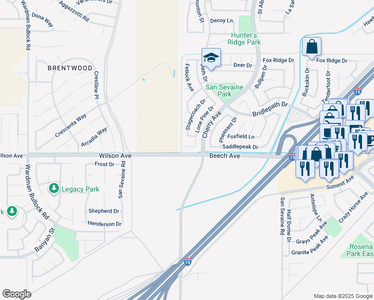 map of restaurants, bars, coffee shops, grocery stores, and more near 14525 Saddlepeak Drive in Fontana