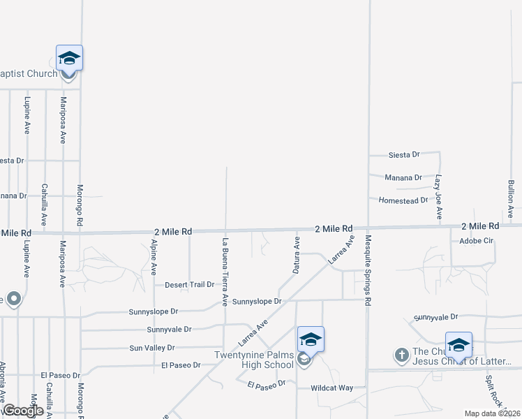 map of restaurants, bars, coffee shops, grocery stores, and more near 72616 2 Mile Road in Twentynine Palms
