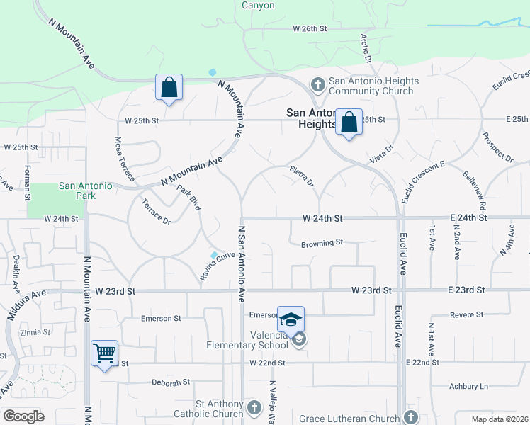 map of restaurants, bars, coffee shops, grocery stores, and more near 730 West 24th Street in Upland