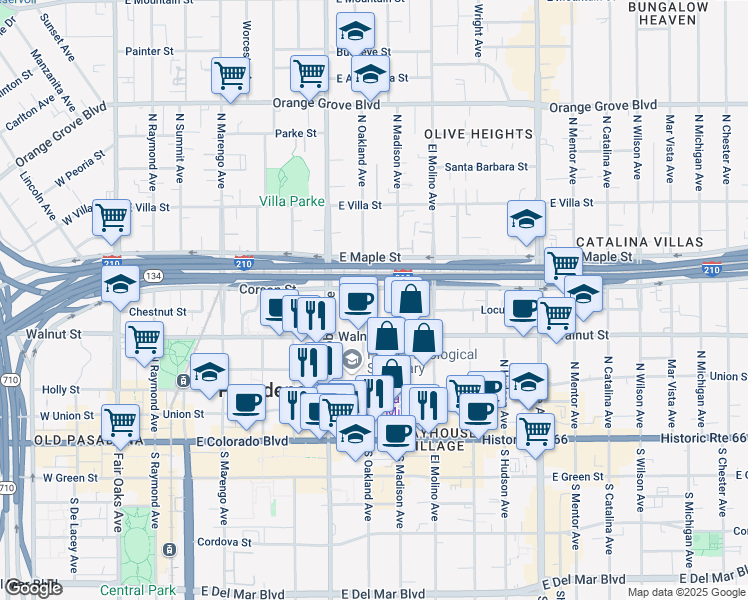 map of restaurants, bars, coffee shops, grocery stores, and more near 509 East Walnut Street in Pasadena