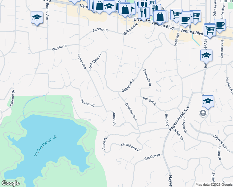 map of restaurants, bars, coffee shops, grocery stores, and more near 17031 Countess Place in Los Angeles