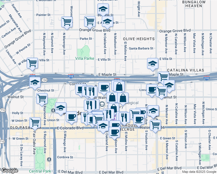 map of restaurants, bars, coffee shops, grocery stores, and more near 282 North Oakland Avenue in Pasadena