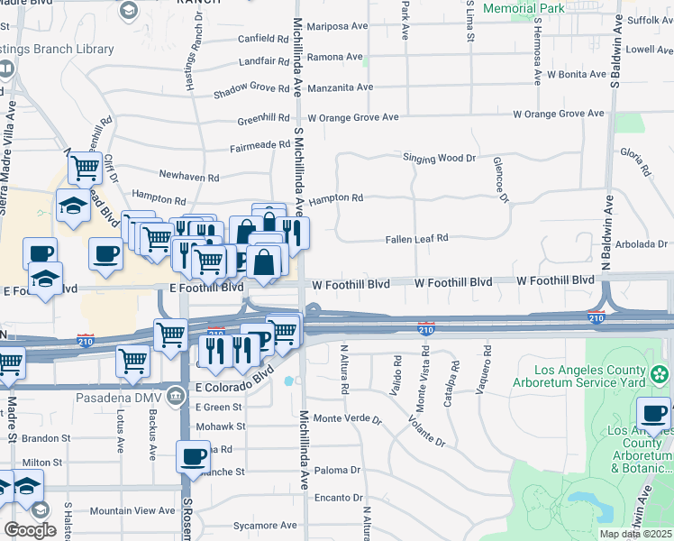 map of restaurants, bars, coffee shops, grocery stores, and more near 1127 West Foothill Boulevard in Arcadia