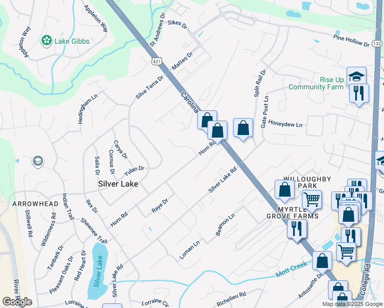 map of restaurants, bars, coffee shops, grocery stores, and more near 102 Horn Road in Wilmington
