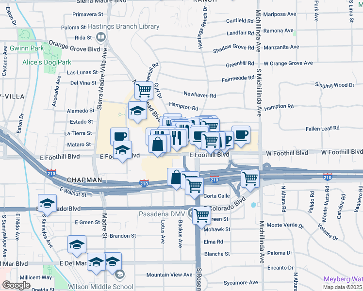 map of restaurants, bars, coffee shops, grocery stores, and more near 3600 East Foothill Boulevard in Pasadena