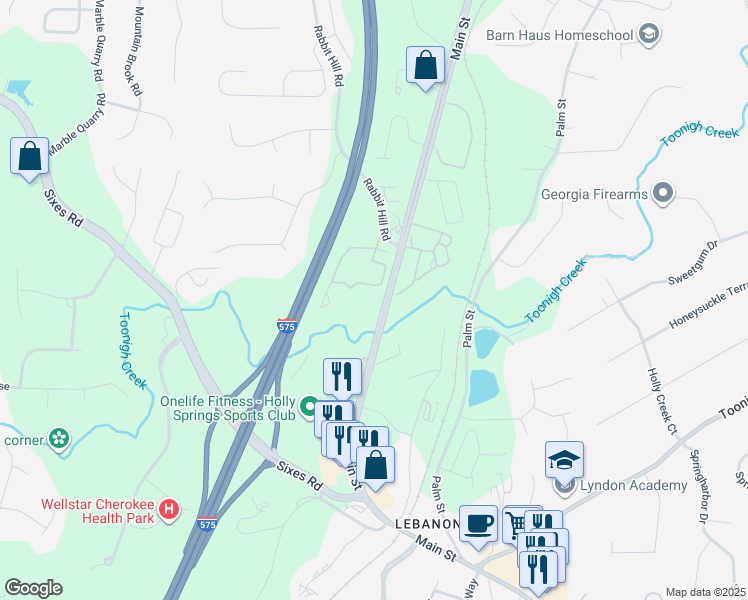 map of restaurants, bars, coffee shops, grocery stores, and more near 4414 Old Highway 5 in Canton