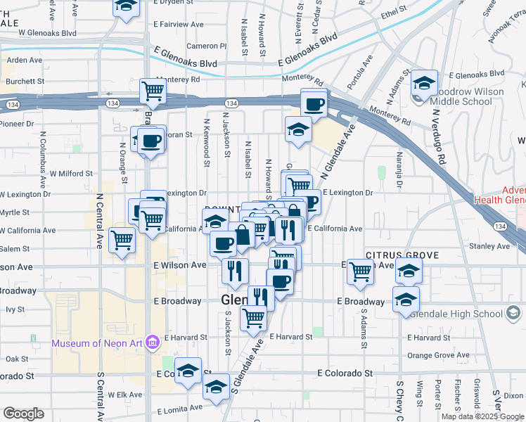 map of restaurants, bars, coffee shops, grocery stores, and more near 315 North Howard Street in Glendale