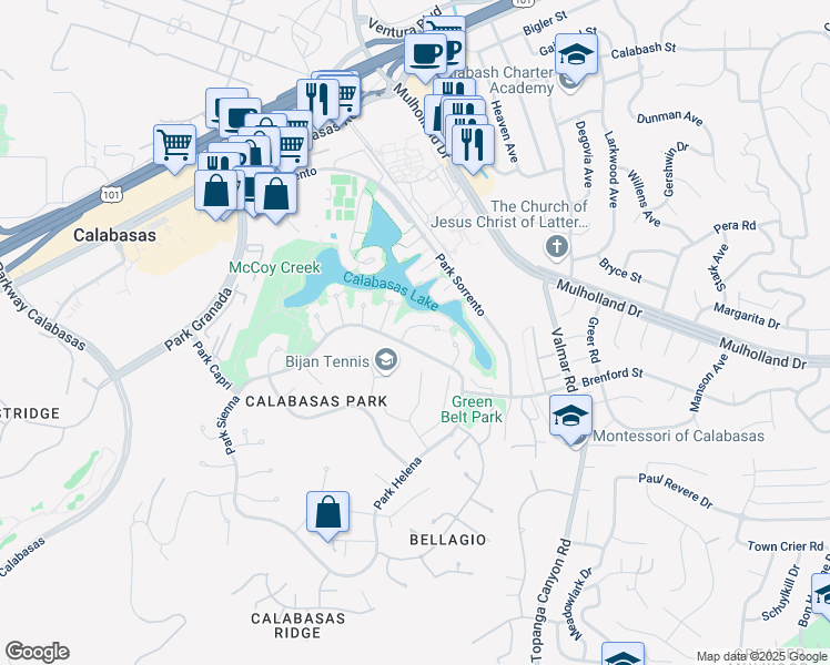 map of restaurants, bars, coffee shops, grocery stores, and more near 23136 Park Contessa in Calabasas