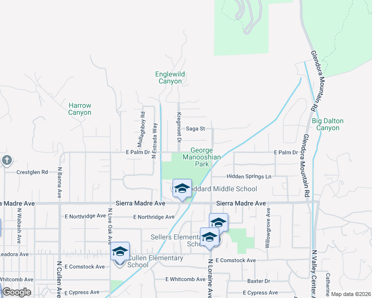 map of restaurants, bars, coffee shops, grocery stores, and more near 1011 East Palm Drive in Glendora