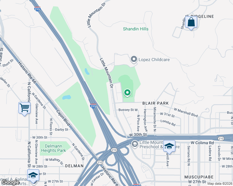 map of restaurants, bars, coffee shops, grocery stores, and more near 1489 Edgemont Drive in San Bernardino