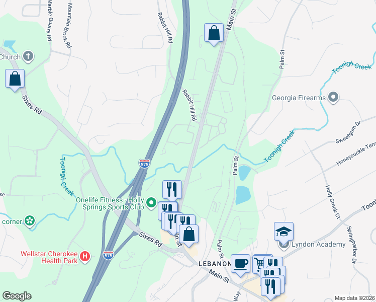 map of restaurants, bars, coffee shops, grocery stores, and more near 4414 Old Highway 5 in Canton