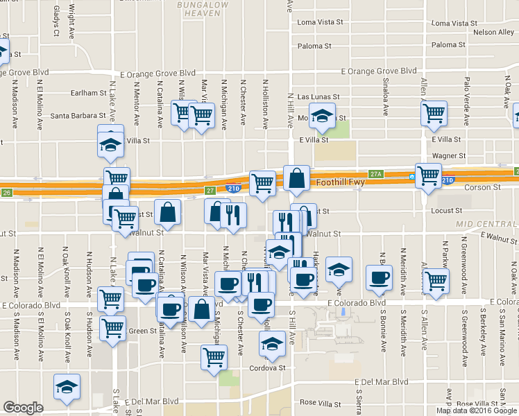 map of restaurants, bars, coffee shops, grocery stores, and more near 279 North Holliston Avenue in Pasadena