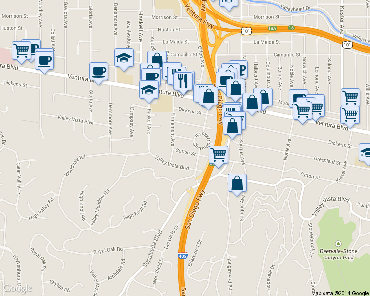 map of restaurants, bars, coffee shops, grocery stores, and more near 15435 Sutton Street in Los Angeles