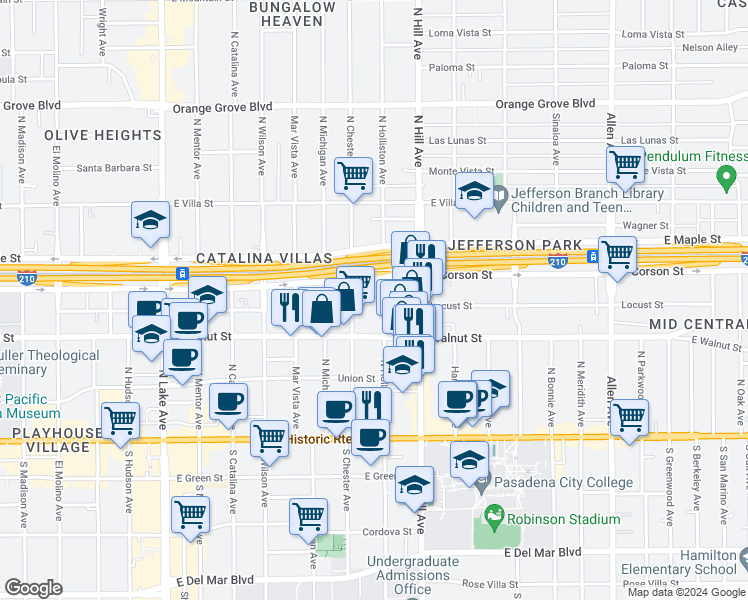 map of restaurants, bars, coffee shops, grocery stores, and more near 279 North Holliston Avenue in Pasadena