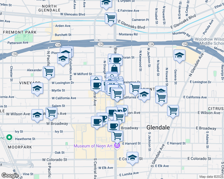 map of restaurants, bars, coffee shops, grocery stores, and more near 309 North Brand Boulevard in Glendale