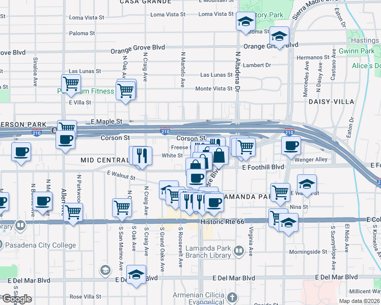 map of restaurants, bars, coffee shops, grocery stores, and more near 2325 White Street in Pasadena