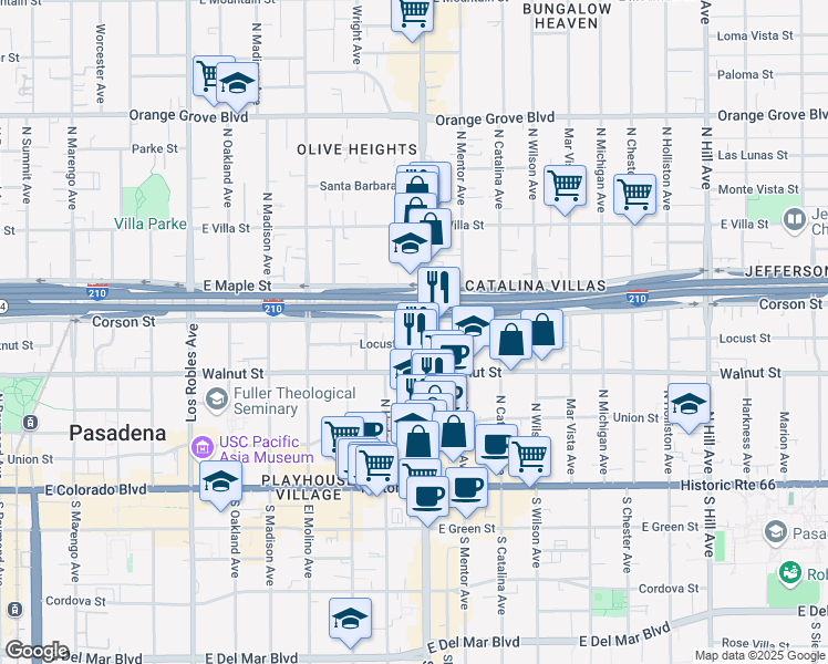 map of restaurants, bars, coffee shops, grocery stores, and more near 253 North Lake Avenue in Pasadena