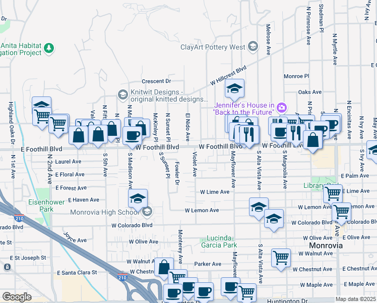 map of restaurants, bars, coffee shops, grocery stores, and more near 714 West Foothill Boulevard in Monrovia