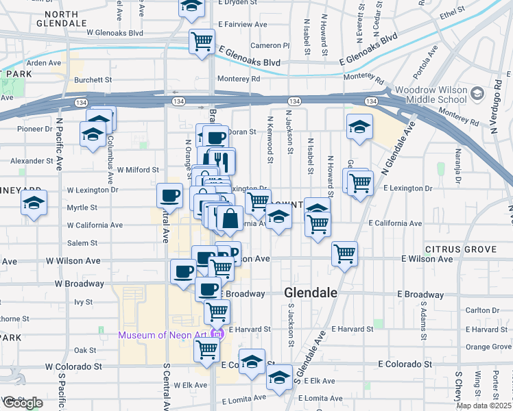 map of restaurants, bars, coffee shops, grocery stores, and more near 324 North Louise Street in Glendale
