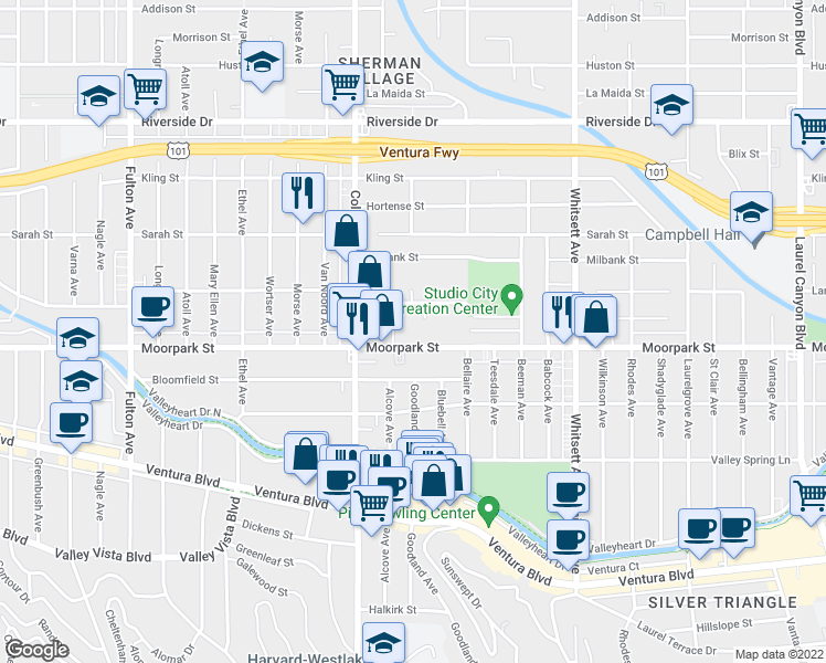 map of restaurants, bars, coffee shops, grocery stores, and more near 12801 Moorpark Street in Los Angeles