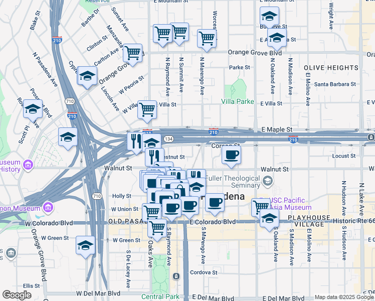 map of restaurants, bars, coffee shops, grocery stores, and more near 145 Chestnut Street in Pasadena