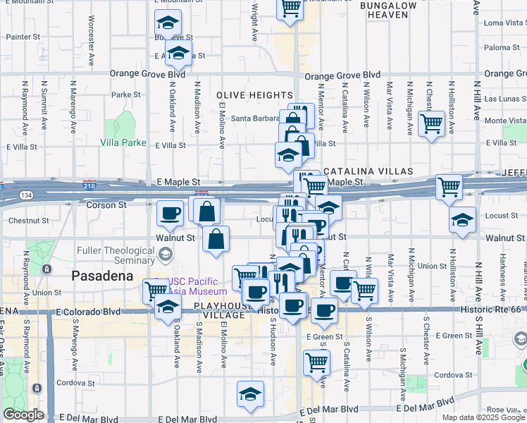 map of restaurants, bars, coffee shops, grocery stores, and more near 290 North Hudson Avenue in Pasadena