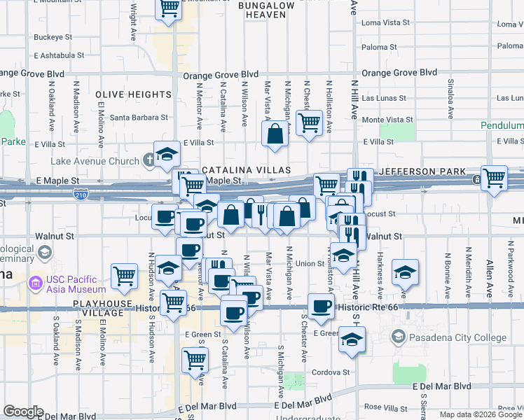 map of restaurants, bars, coffee shops, grocery stores, and more near 281 Mar Vista Avenue in Pasadena