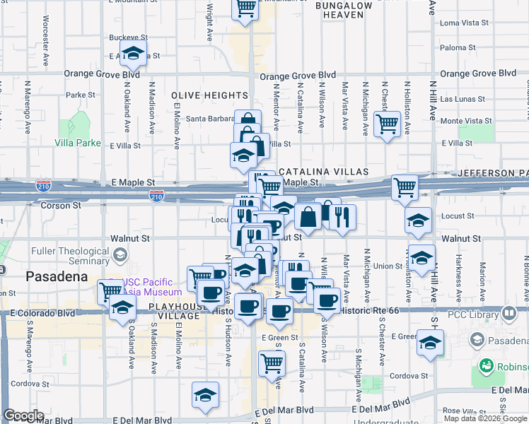 map of restaurants, bars, coffee shops, grocery stores, and more near 300 North Lake Avenue in Pasadena
