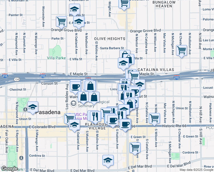 map of restaurants, bars, coffee shops, grocery stores, and more near 713 Locust Street in Pasadena