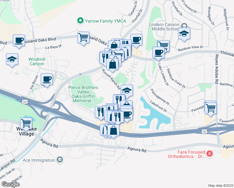 map of restaurants, bars, coffee shops, grocery stores, and more near 30699 Russell Ranch Road in Westlake Village